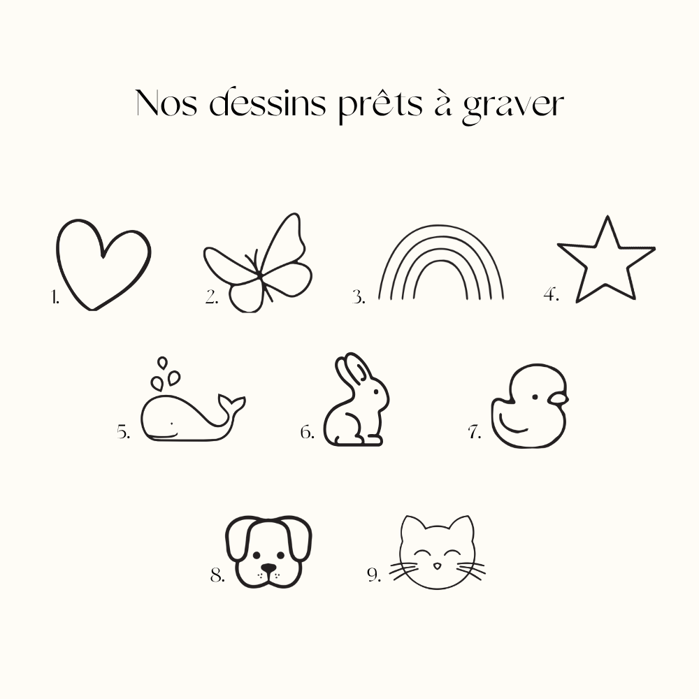 Visuel Bachca des 9 dessins prêts à graver : cœur, papillon, arc-en-ciel, étoile, baleine...