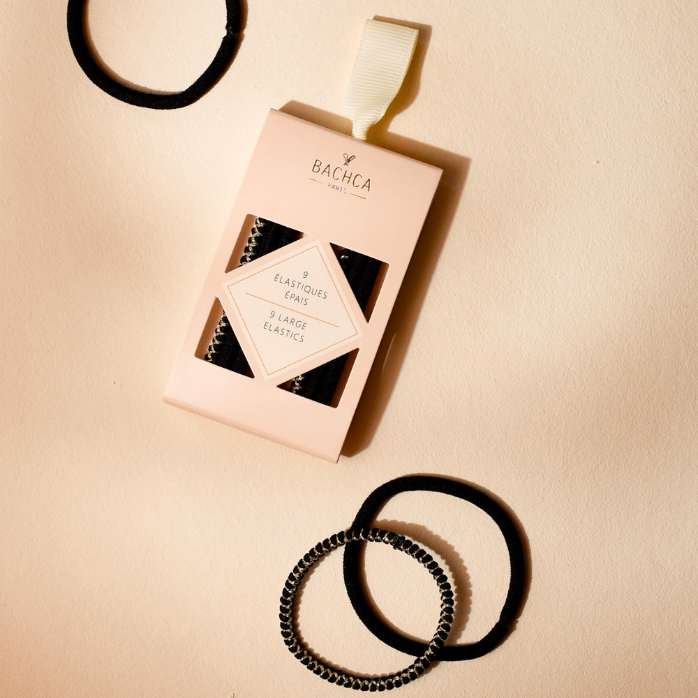 Pack de 9 élastiques cheveux épais noirs Bachca, résistants et élégants, parfaits pour maintenir toutes les coiffures au quotidien.