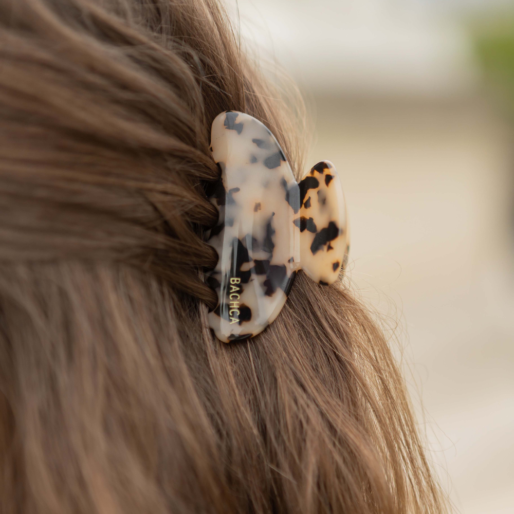 Pince à cheveux écaille classique portée sur cheveux bruns.