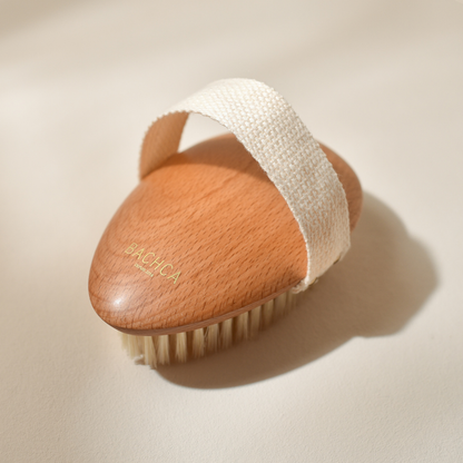 Photo studio sur fond beige, le produit mis en avant est la brosse de massage à sec Bachca, la brosse est en bois de hêtre, les poils sont en soie de sanglier.