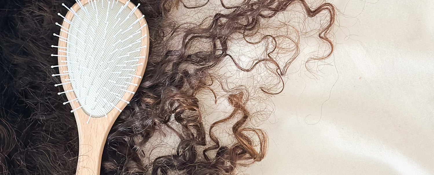 Brosse à cheveux en nylon fabriquée en France de la marque bachca posée sur des cheveux bouclés bruns.