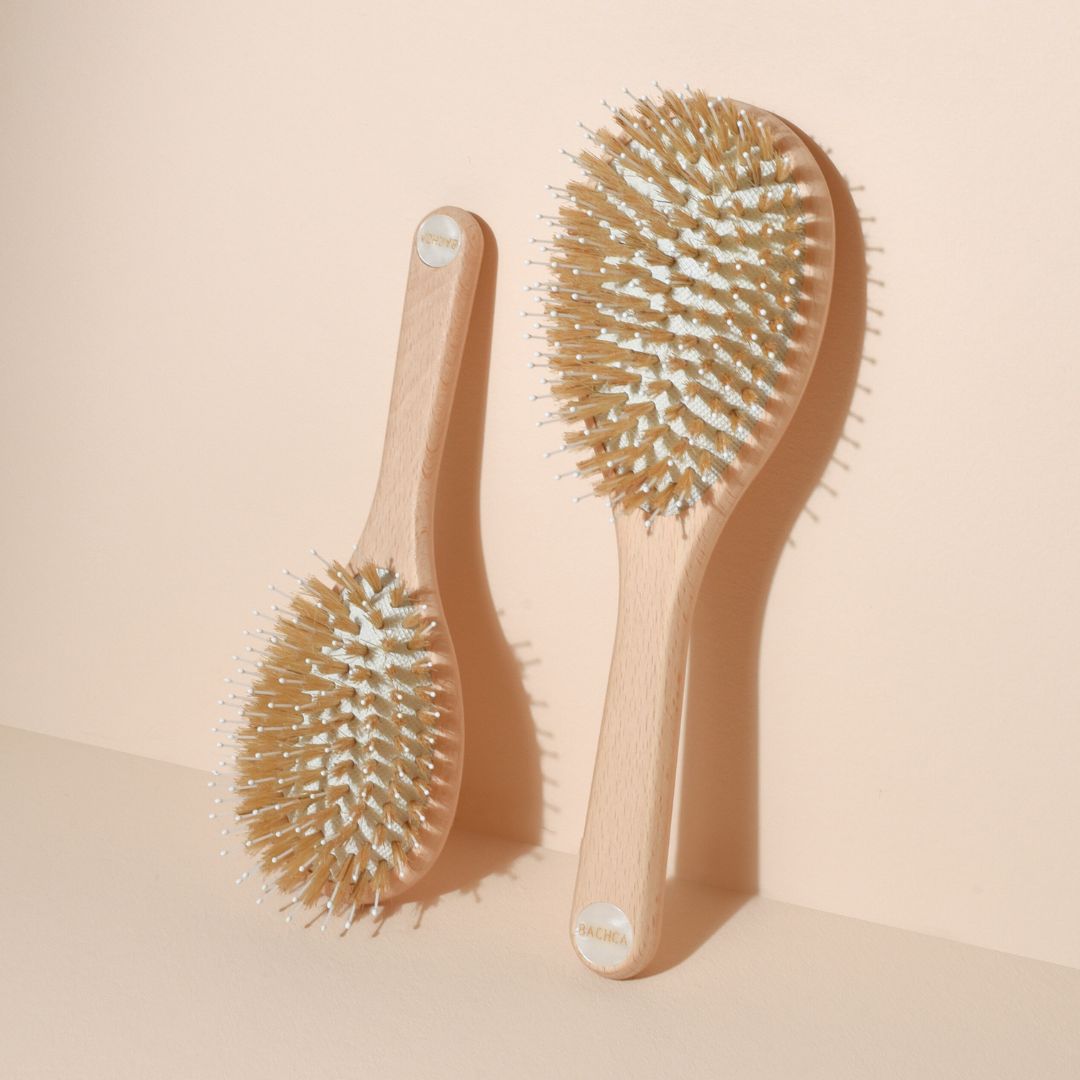 Deux brosses à cheveux Bachca accrochées contre un mur beige : à gauche, le petit format, à droite, le grand format. Elles sont dotées d’un manche en bois de hêtre, de picots en nylon et poils de sanglier, avec une pastille nacrée en bout de manche.