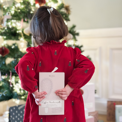 Petite fille de dos face à un sapin qui tient un coffret de la marque Bachca dans son dos